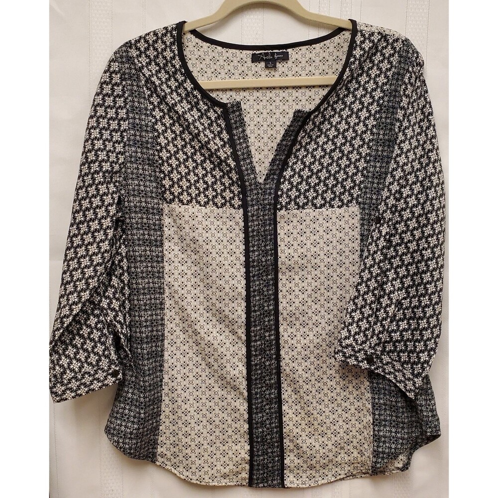 Antilia Femme Geometric Popover Shirt Top Womens L Black Ivory White Cottagecore
